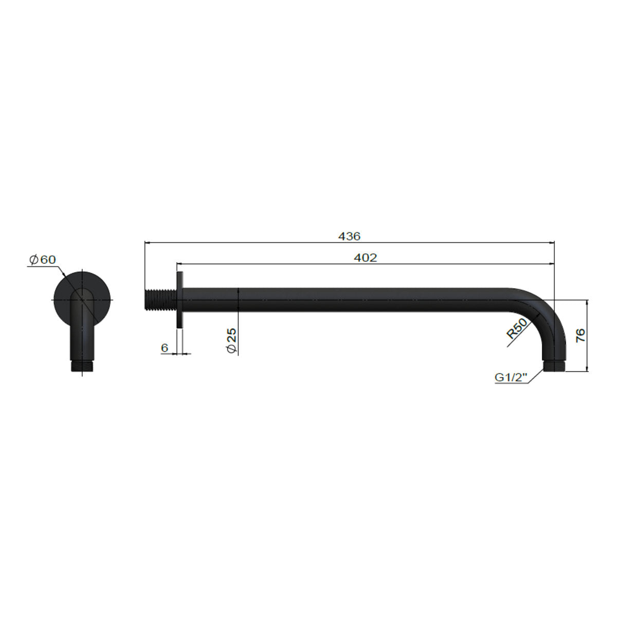 Round Wall Shower Curved Arm 400mm Chrome