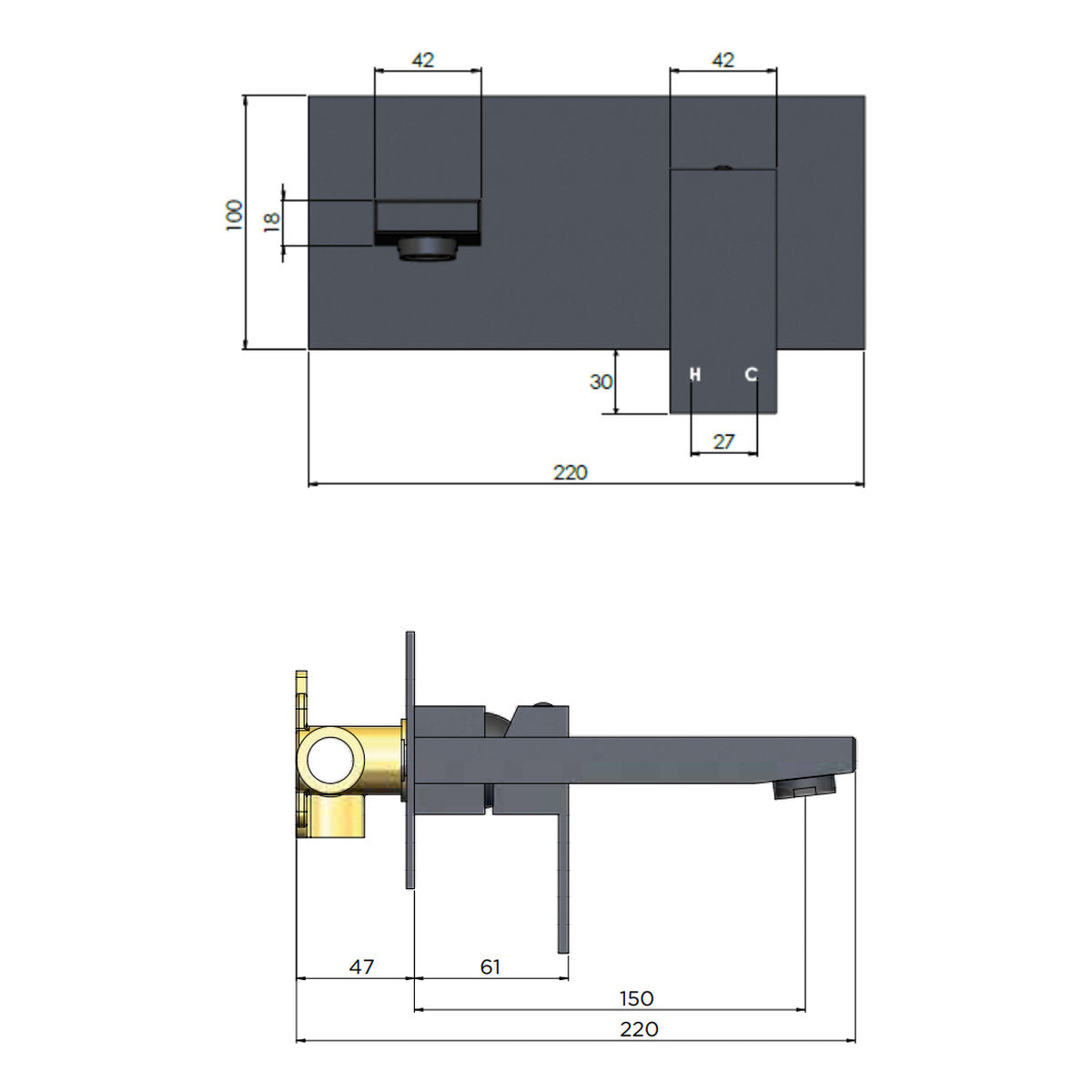 Square Wall Combination Mixer and Spout Matte Black