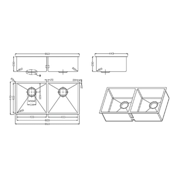 Meir Kitchen Sink Double Bowl 860 x 440, Brushed Nickel