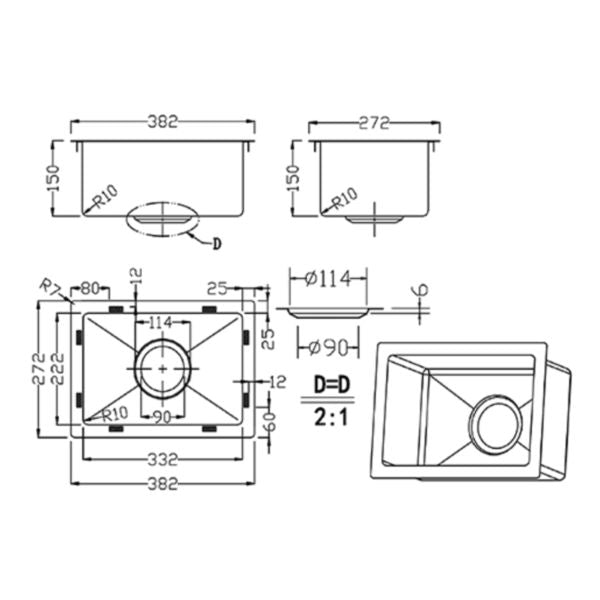 Bar Sink - Single Bowl 382 x 272 Brushed Nickel