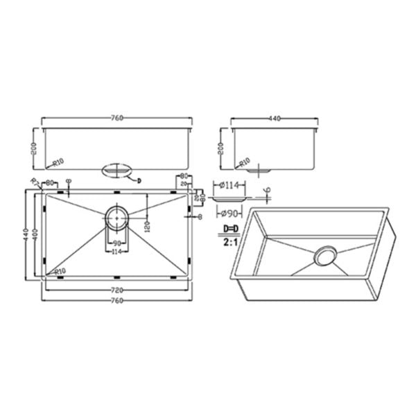Kitchen Sink - Undermount Single Bowl 760*440*200 Brushed Nickel