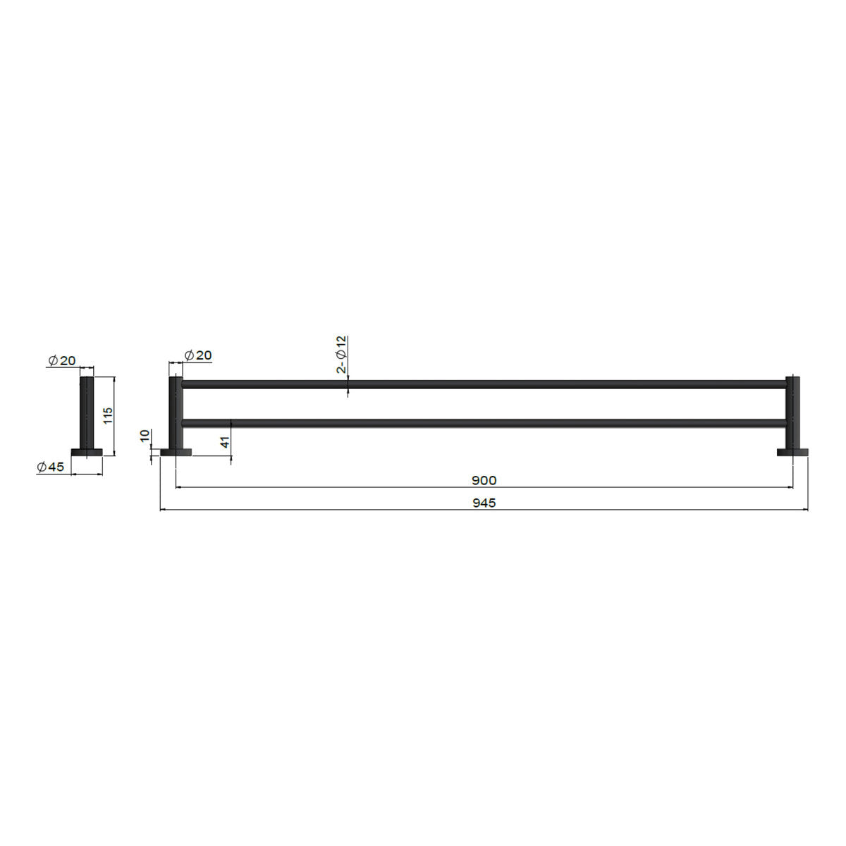 Round Double Towel Rail 900mm Matte Black