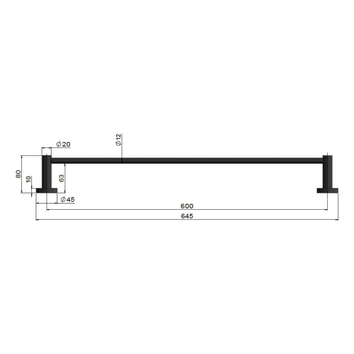 Round Single Towel Rail 600mm Matte Black