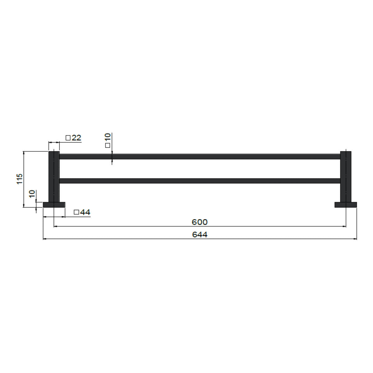 Square Double Towel Rail 600mm Matte Black