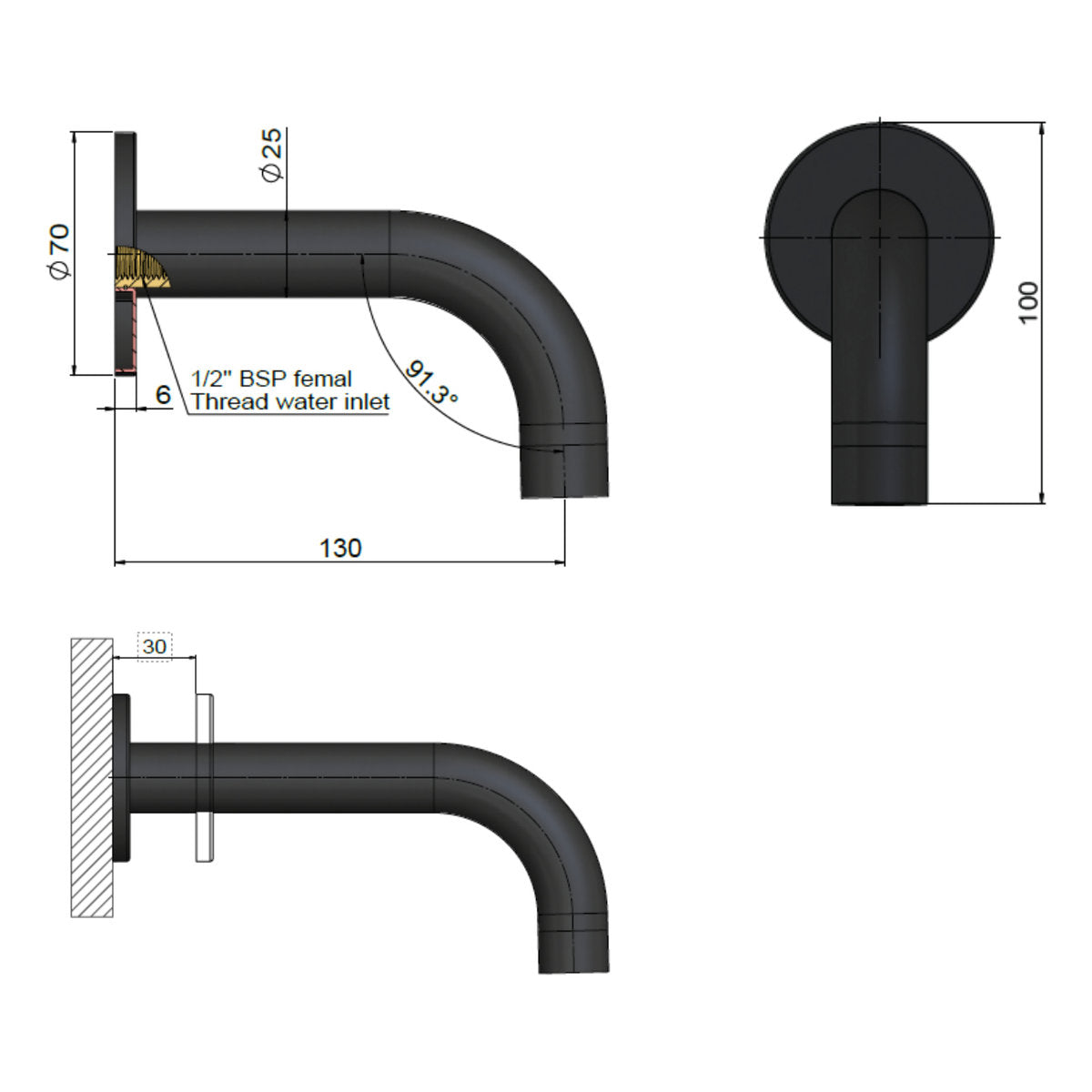 Round Curved Spout 130mm, Lustre Bronze