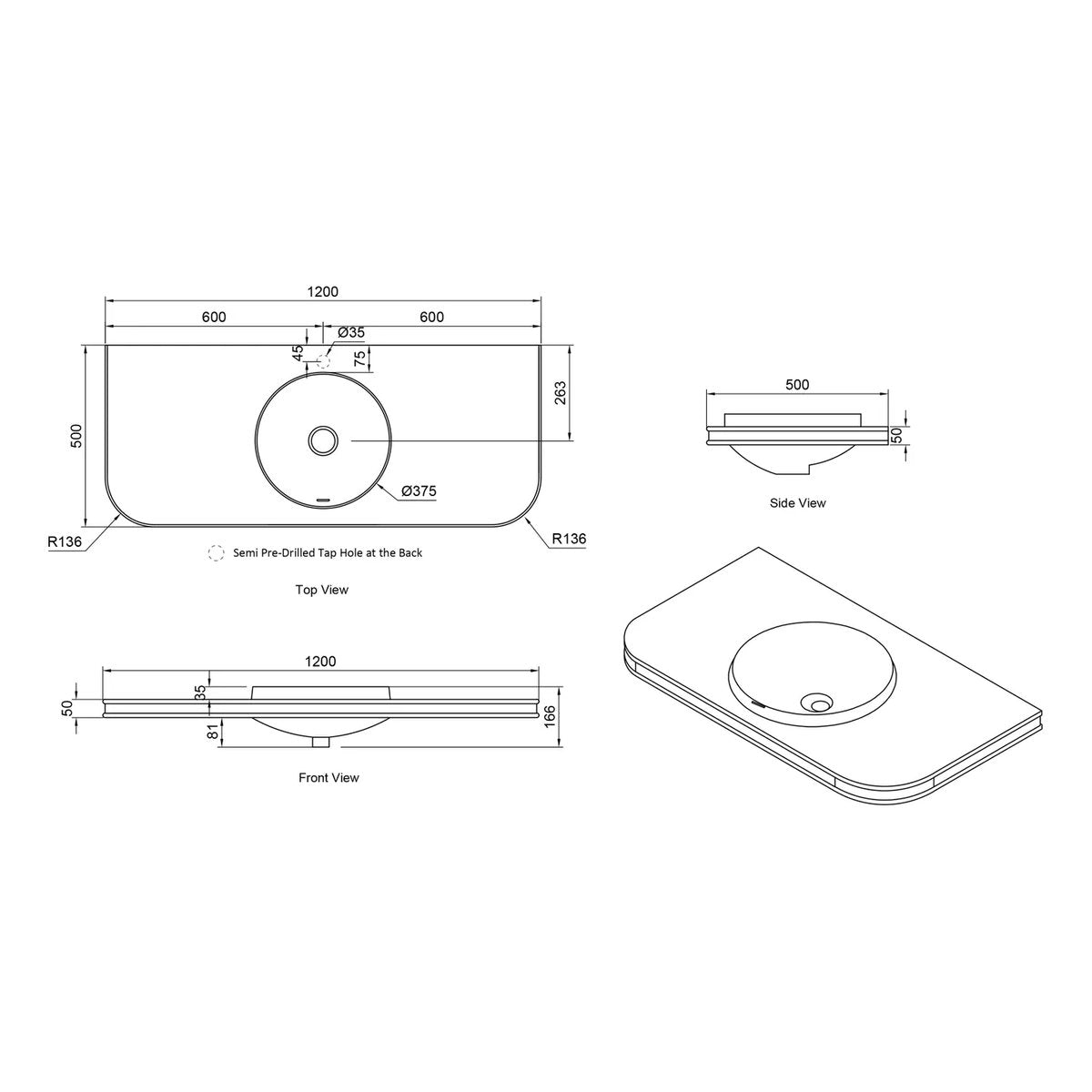 Otti Havana Matte White Basin Top 1200 - Single