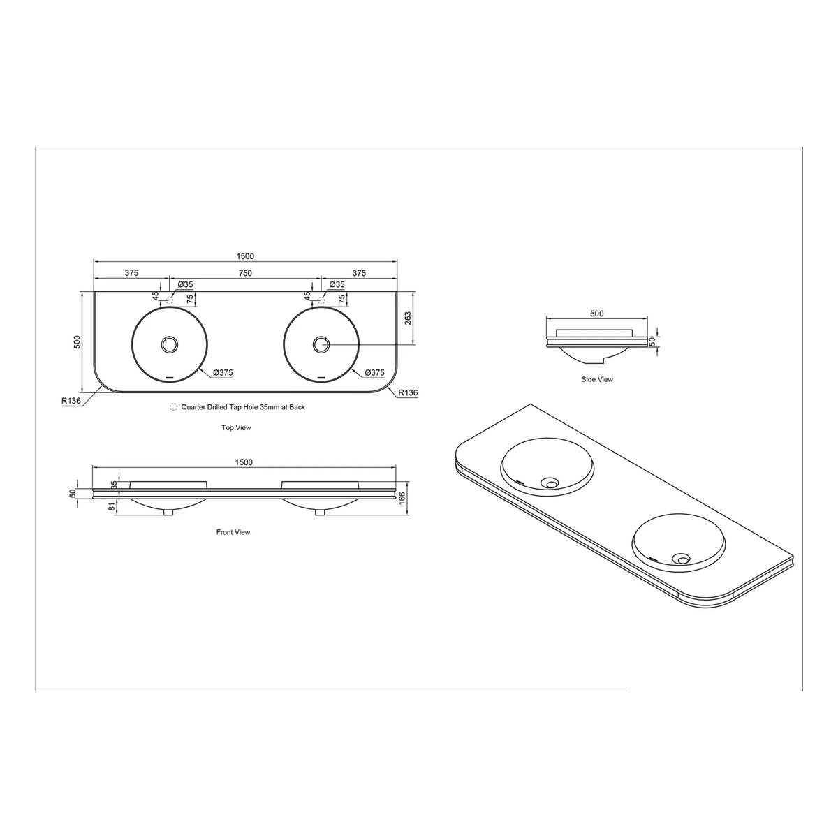 Otti Havana Matte White Basin Top 1500 - Double