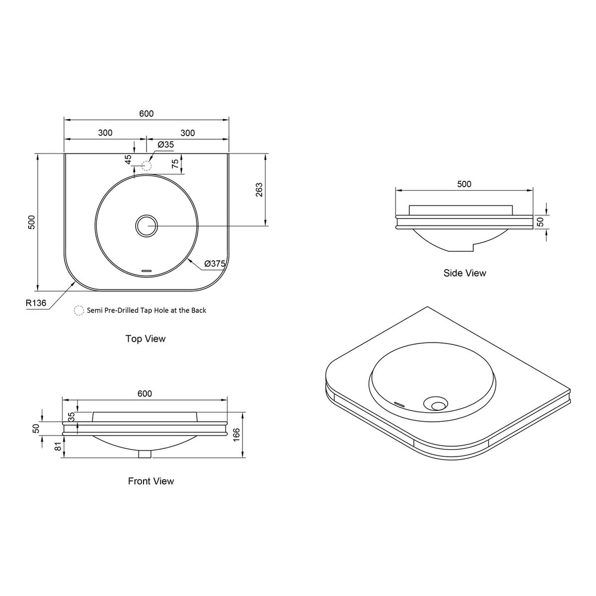 Otti Havana Matte White Basin Top 600 - Single