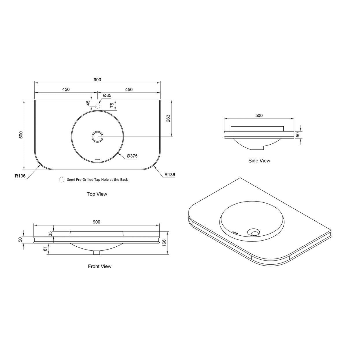 Otti Havana Matte White Basin Top 900 - Single