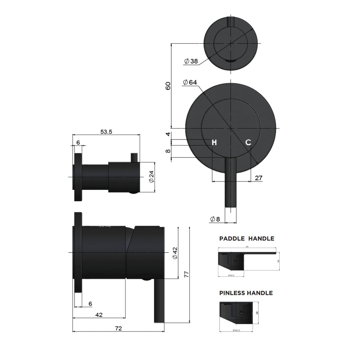 Round Diverter Mixer Paddle Handle Trim Kit (In-Wall Body Not Included) - PVD Tiger Bronze