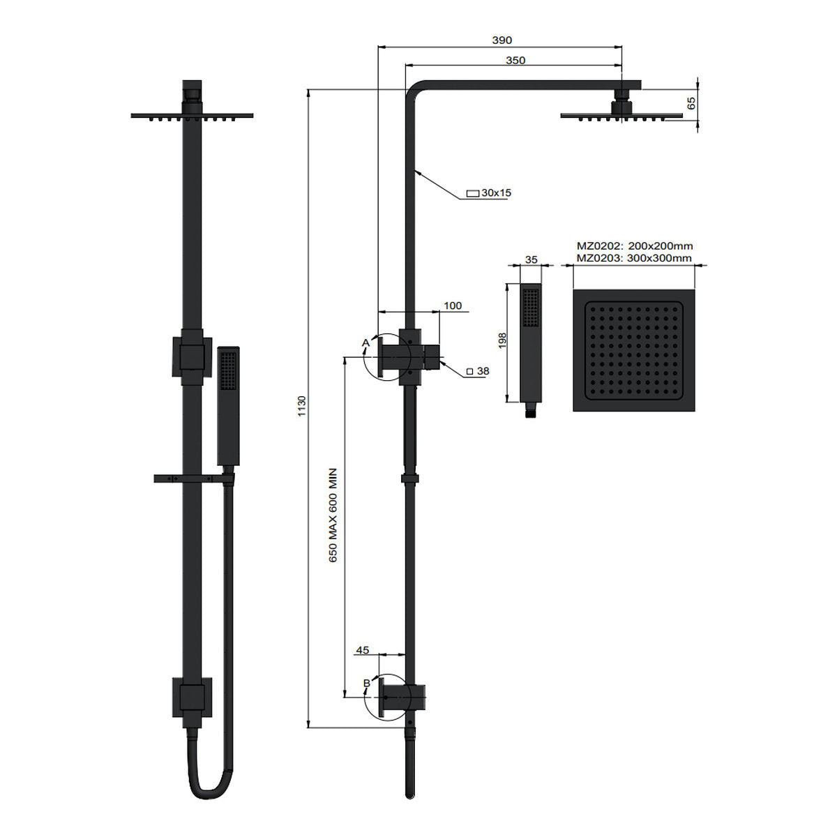 Square Combination Shower Rail 300mm rose Matte Black
