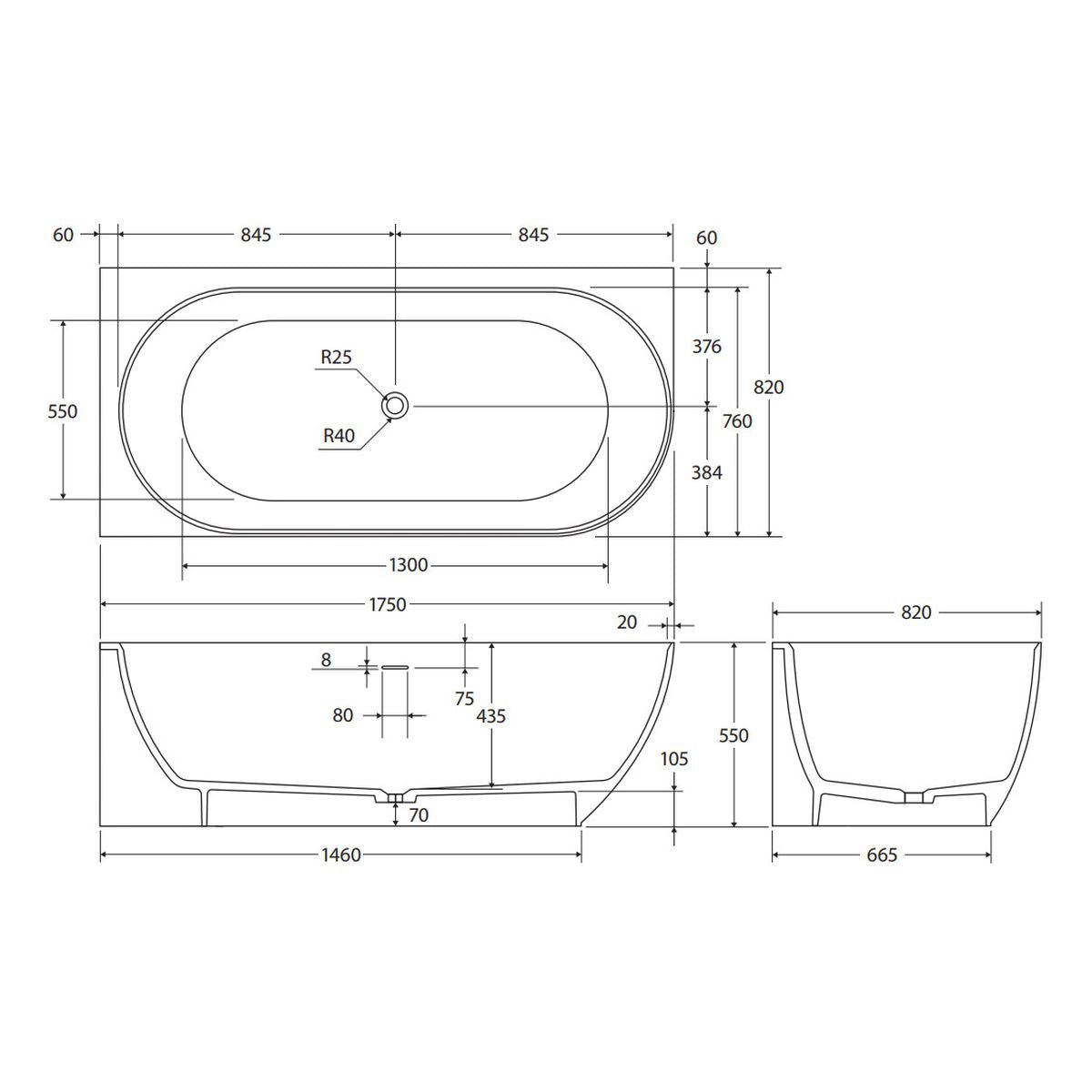 Matta Right-Hand Solid Surface Corner Bath, 1700mm