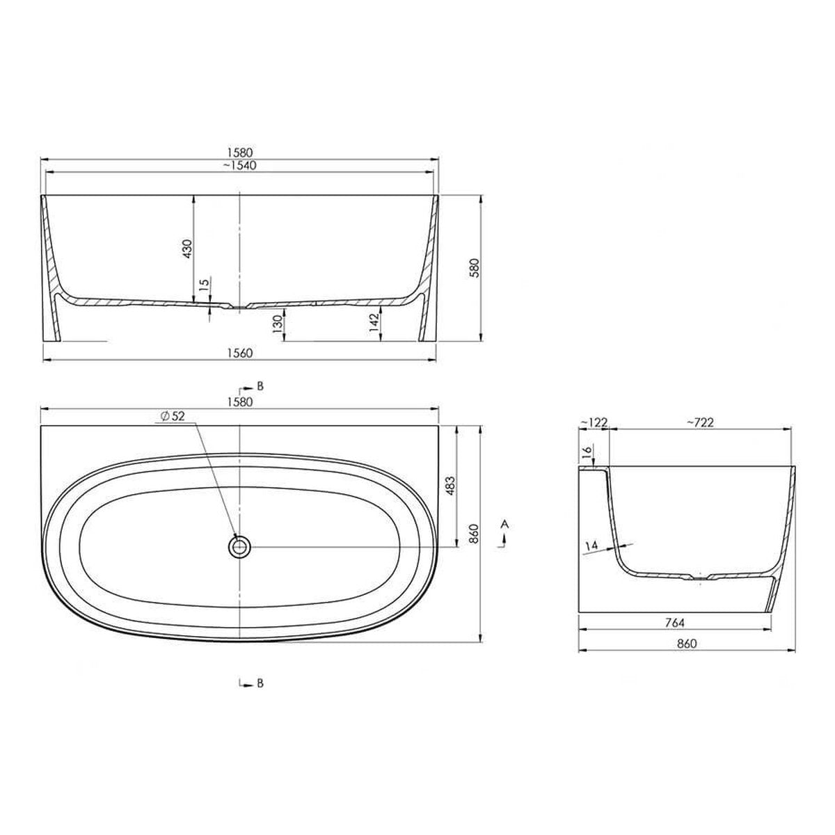 Turner Hastings Narva 158 x 86 MagnaCast Back To Wall Bath - Gloss White