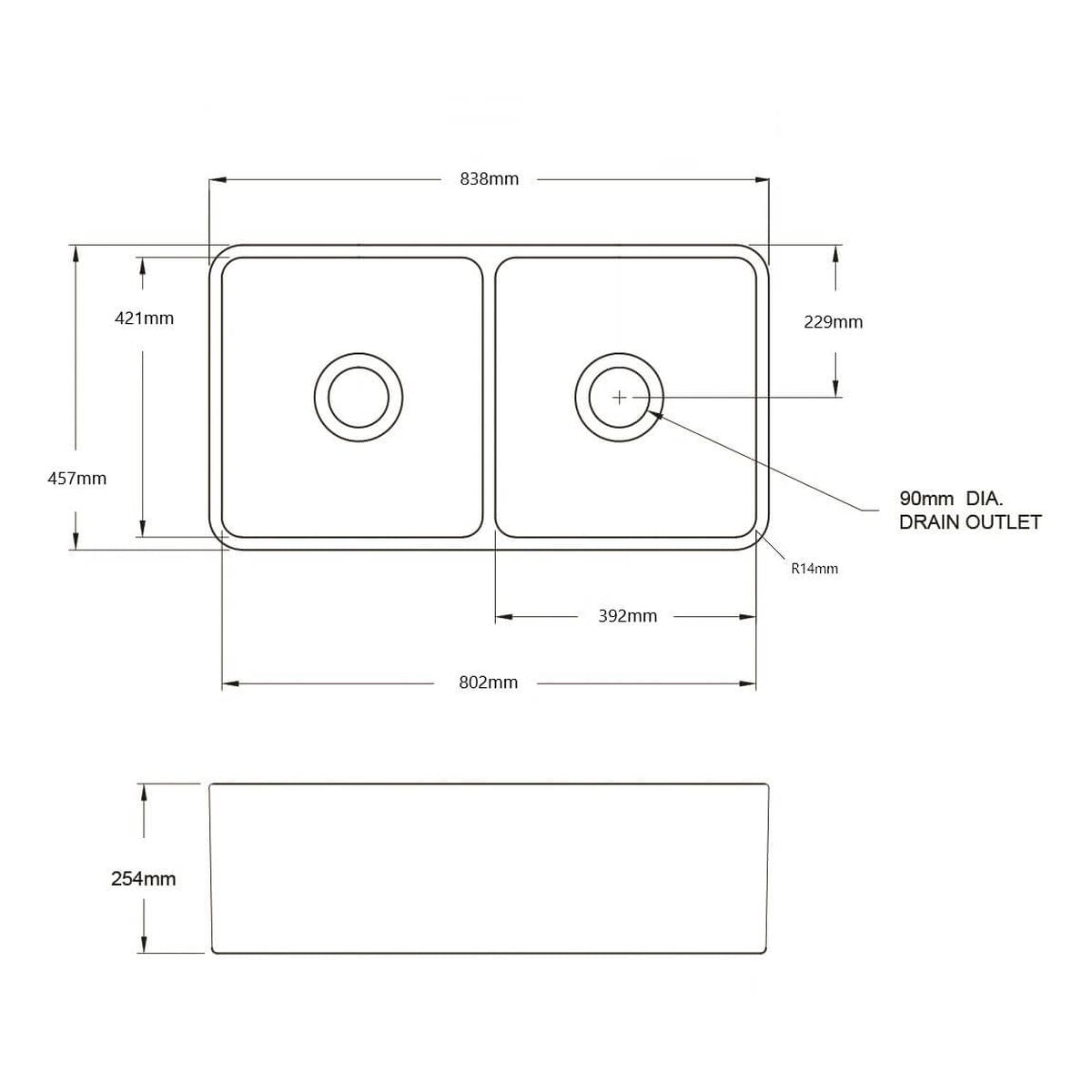 Novi 84 x 46 Fine Fireclay Matte White Farmhouse Butler Sink With Overflow