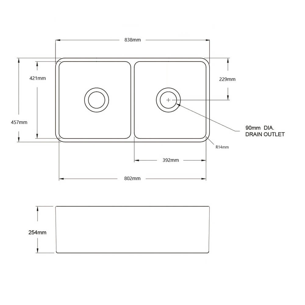 Novi 84 x 46 Fine Fireclay Gloss White Farmhouse Butler Sink With Overflow