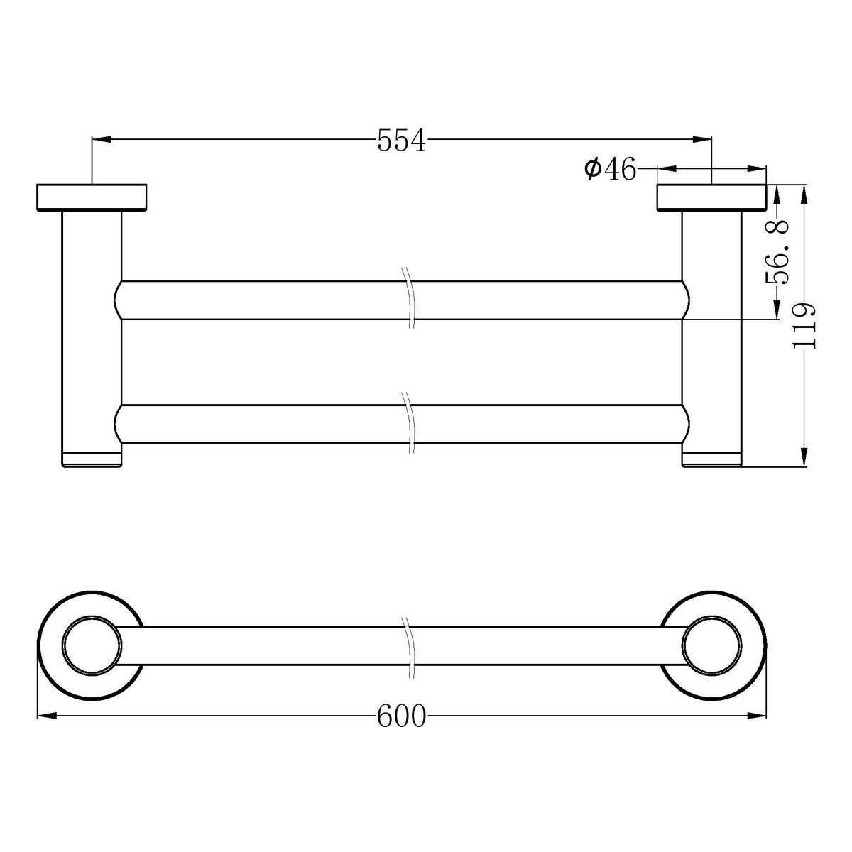 Nero Dolce II Double Towel Rail 600mm Brushed Nickel