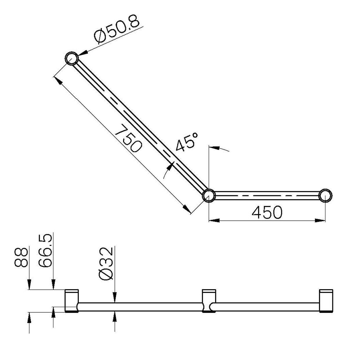 Nero Mecca Care 32mm Ambulant Toilet Grab Rail 45 Degree 750X450mm Matte Black