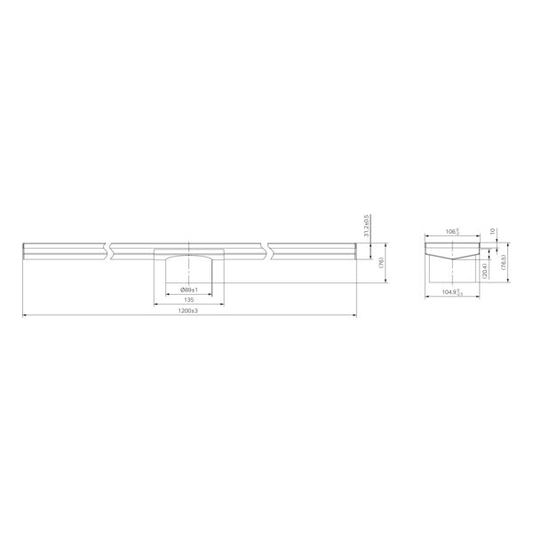 Tile Insert V Channel 1200x106mm Floor Grate 90mm Outlet Gun Metal