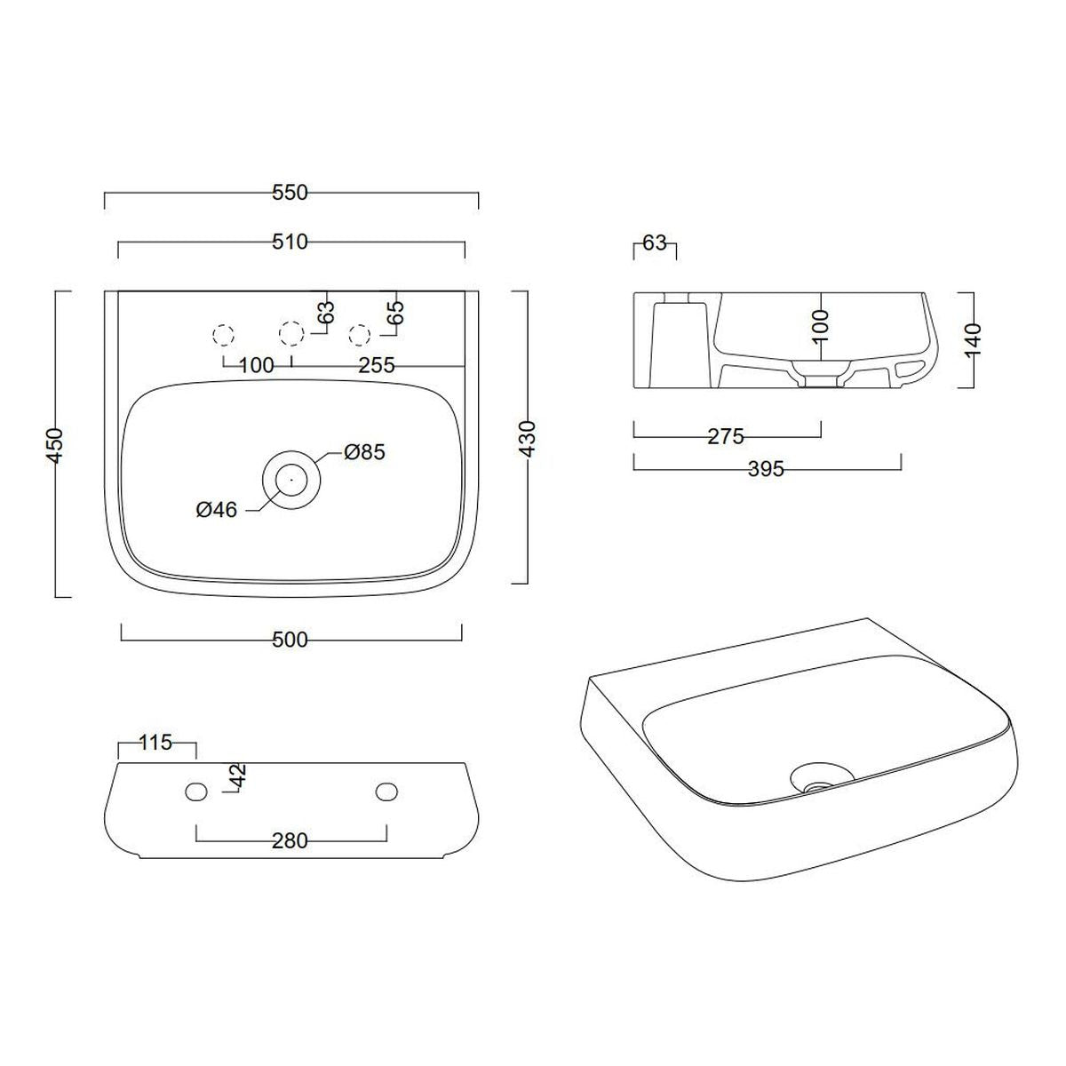 Studio Bagno Nur 55 Bench/Wall Basin - No Taphole, Gloss White