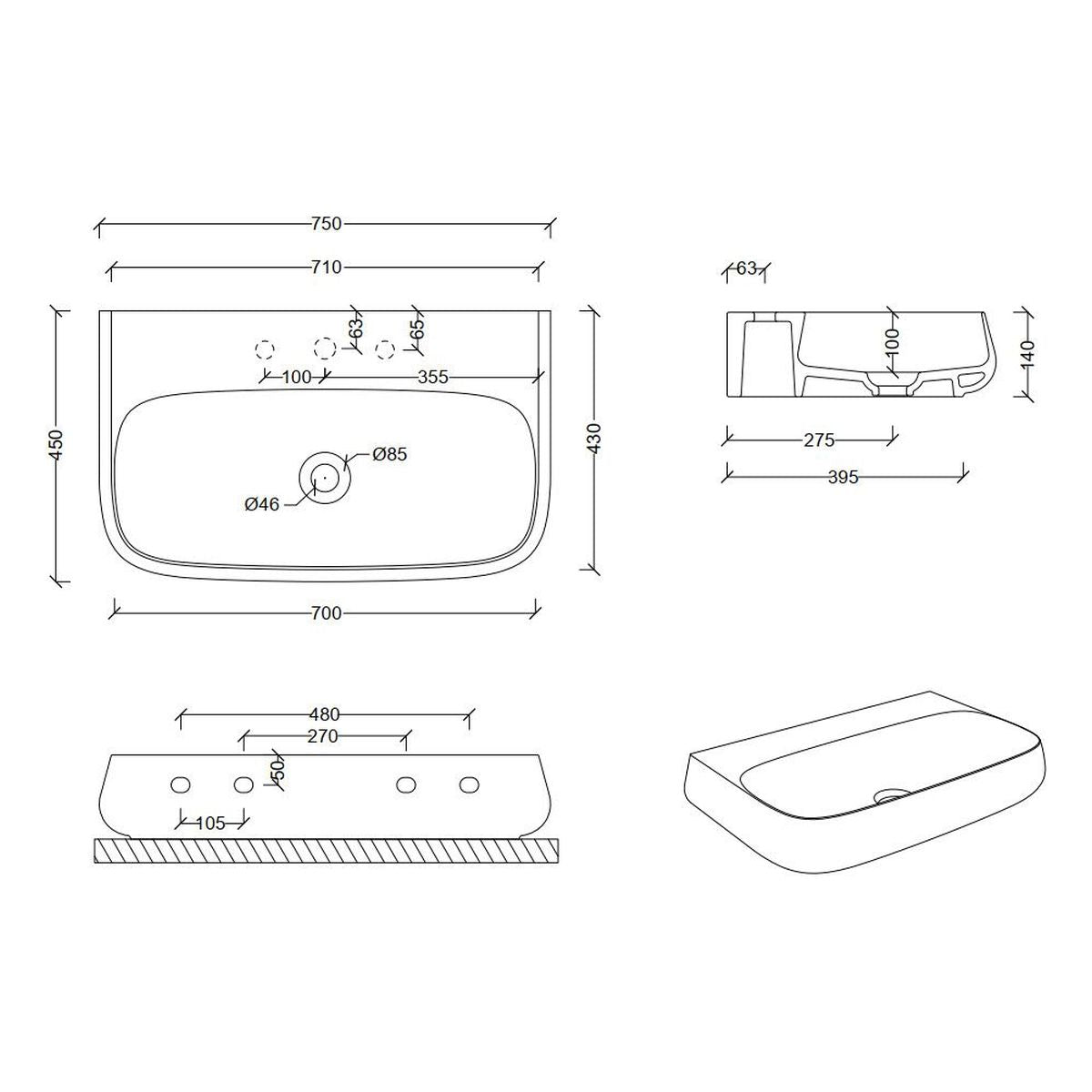 Studio Bagno Nur 75 Bench/Wall Basin - 1 Taphole