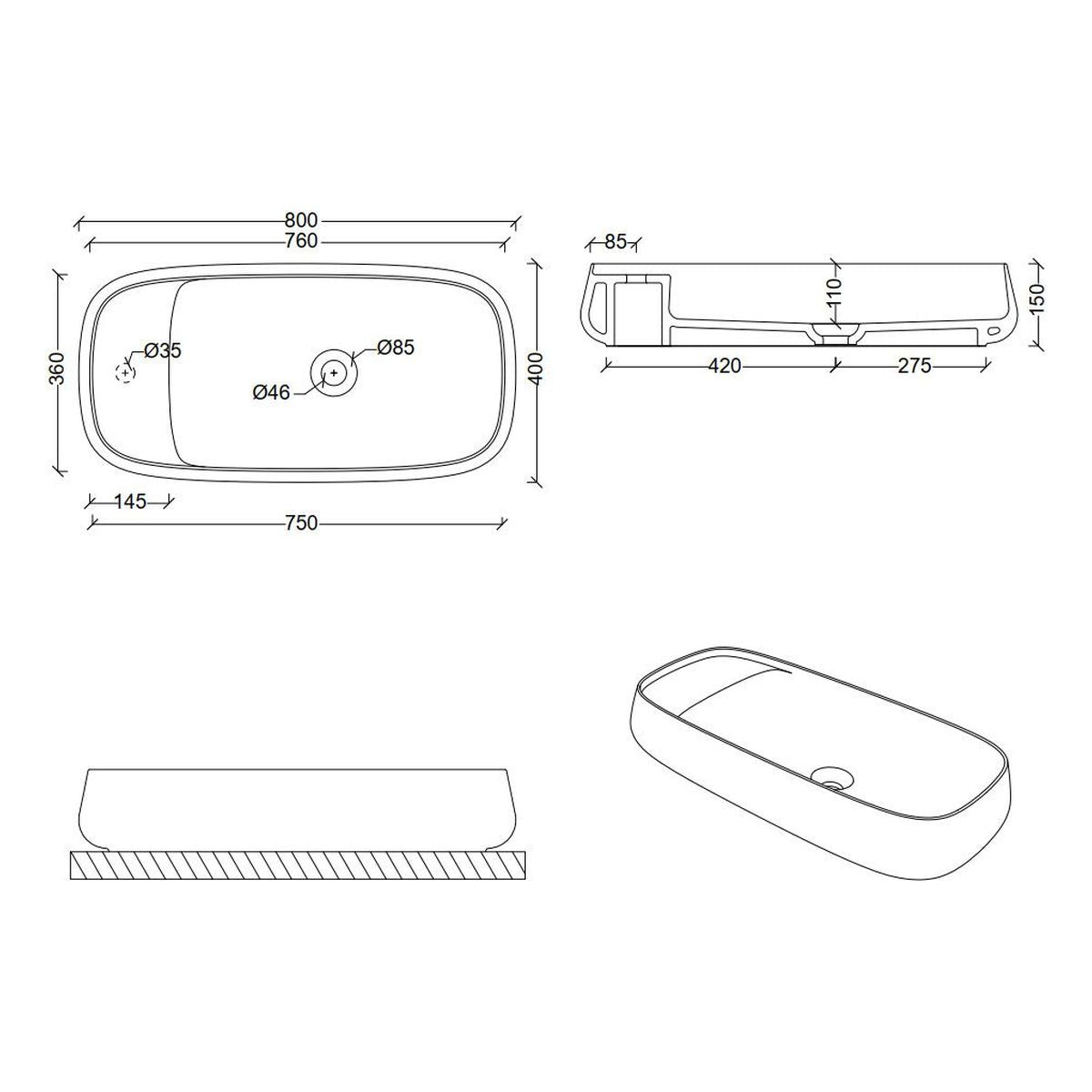 Studio Bagno Nur 80X Plan Bench Basin - 1 Taphole