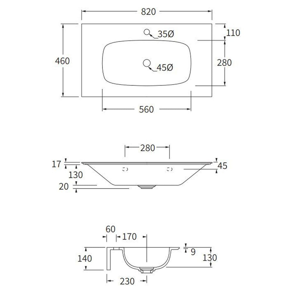 Studio Bagno Nur 82 Wall Hung/Vanity Top Basin - No Taphole
