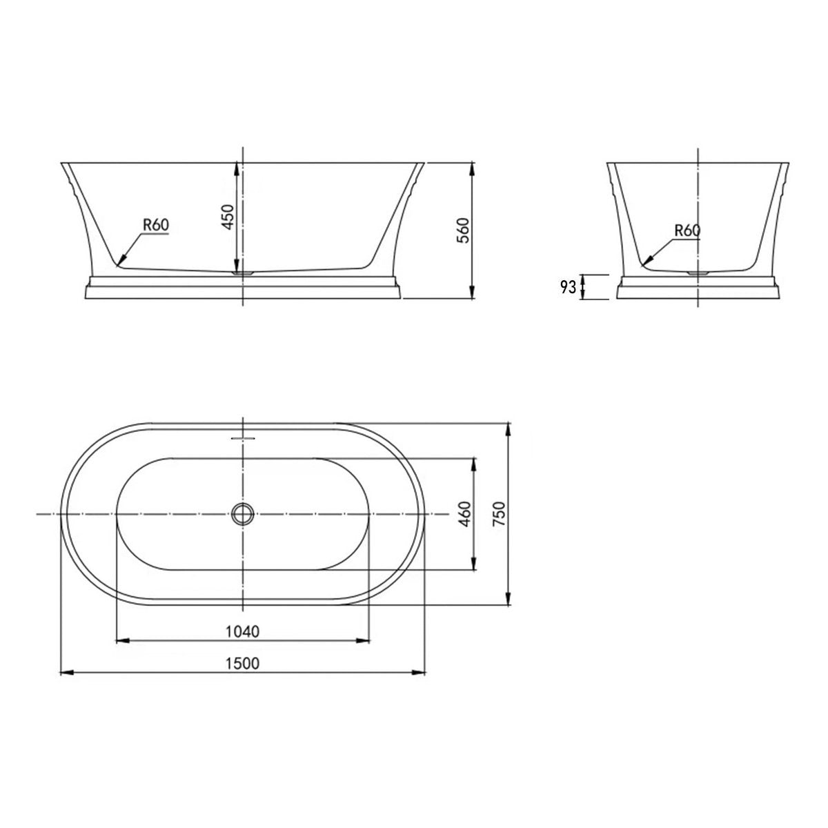 Otti Hampton 1500x750x560 Gloss White Bathtub with Overflow