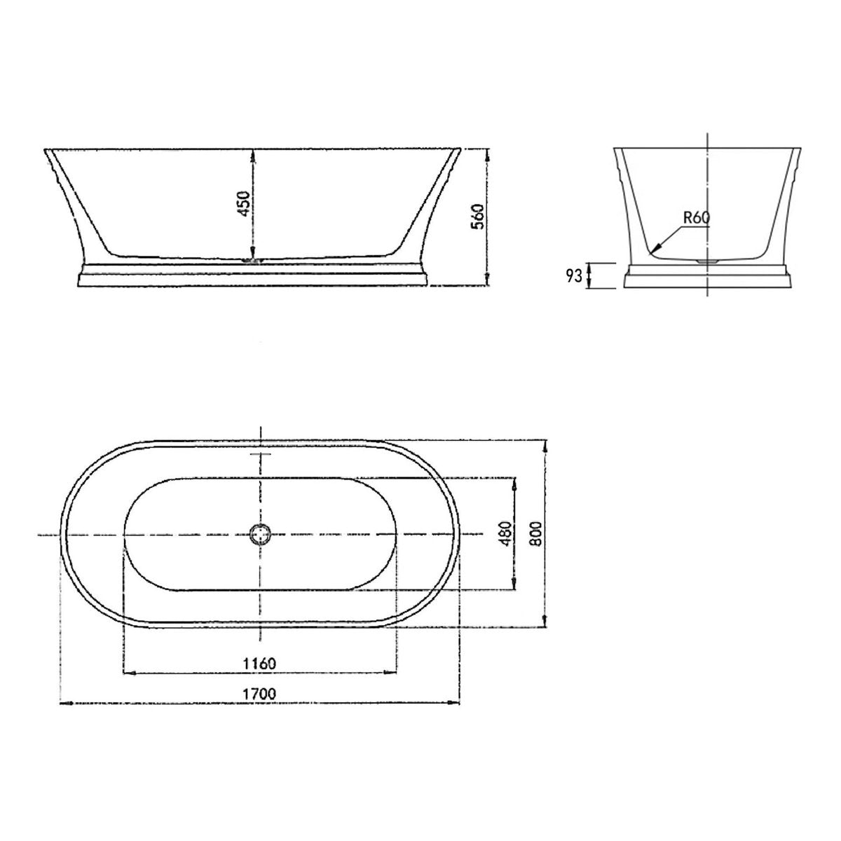 Otti Hampton 1700x800x560 Gloss White Bathtub with Overflow