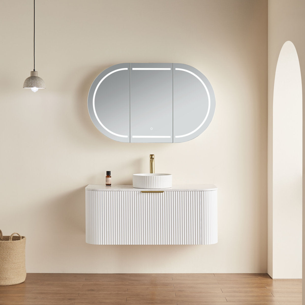 Oval LED Shaving Cabinet, Matte White 1200mm x 750mm