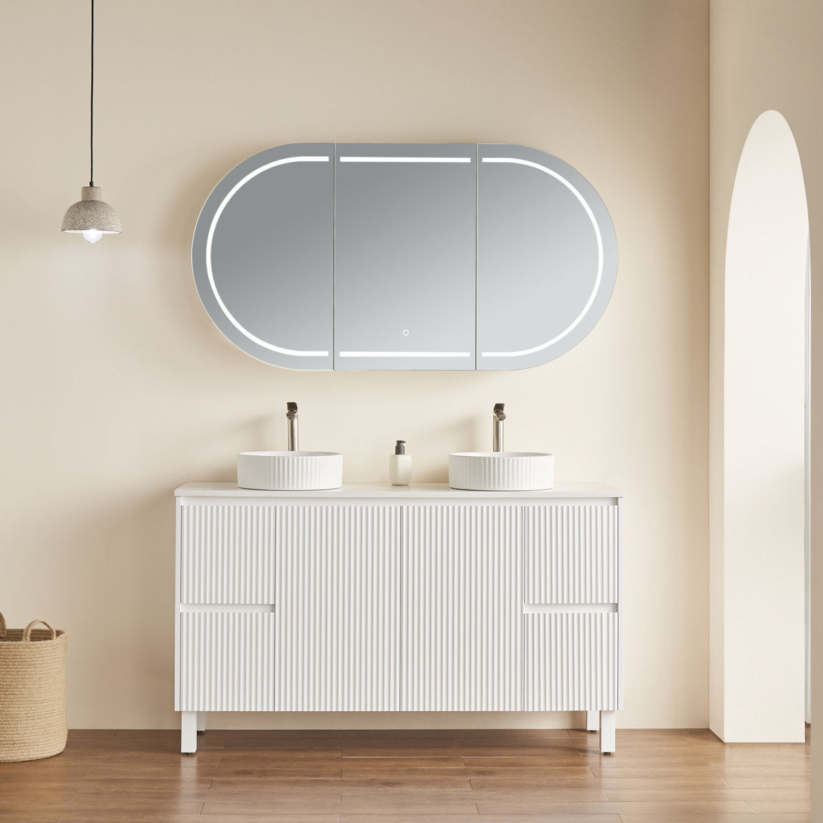 Oval LED Shaving Cabinet, Matte White 1500mm x 800mm