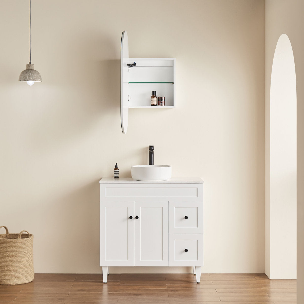 Oval LED Shaving Cabinet, Matte White 450mm x 900mm
