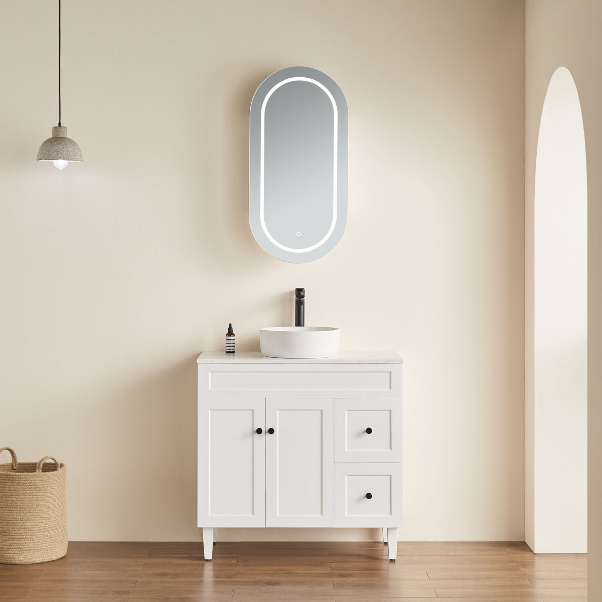 Oval LED Shaving Cabinet, Matte White 450mm x 900mm