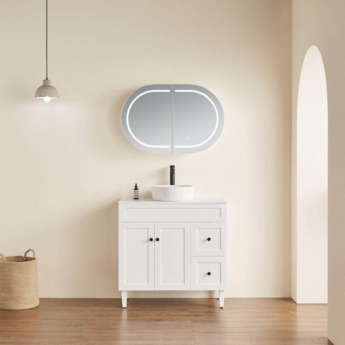Oval LED Shaving Cabinet, Matte White 900mm x 600mm