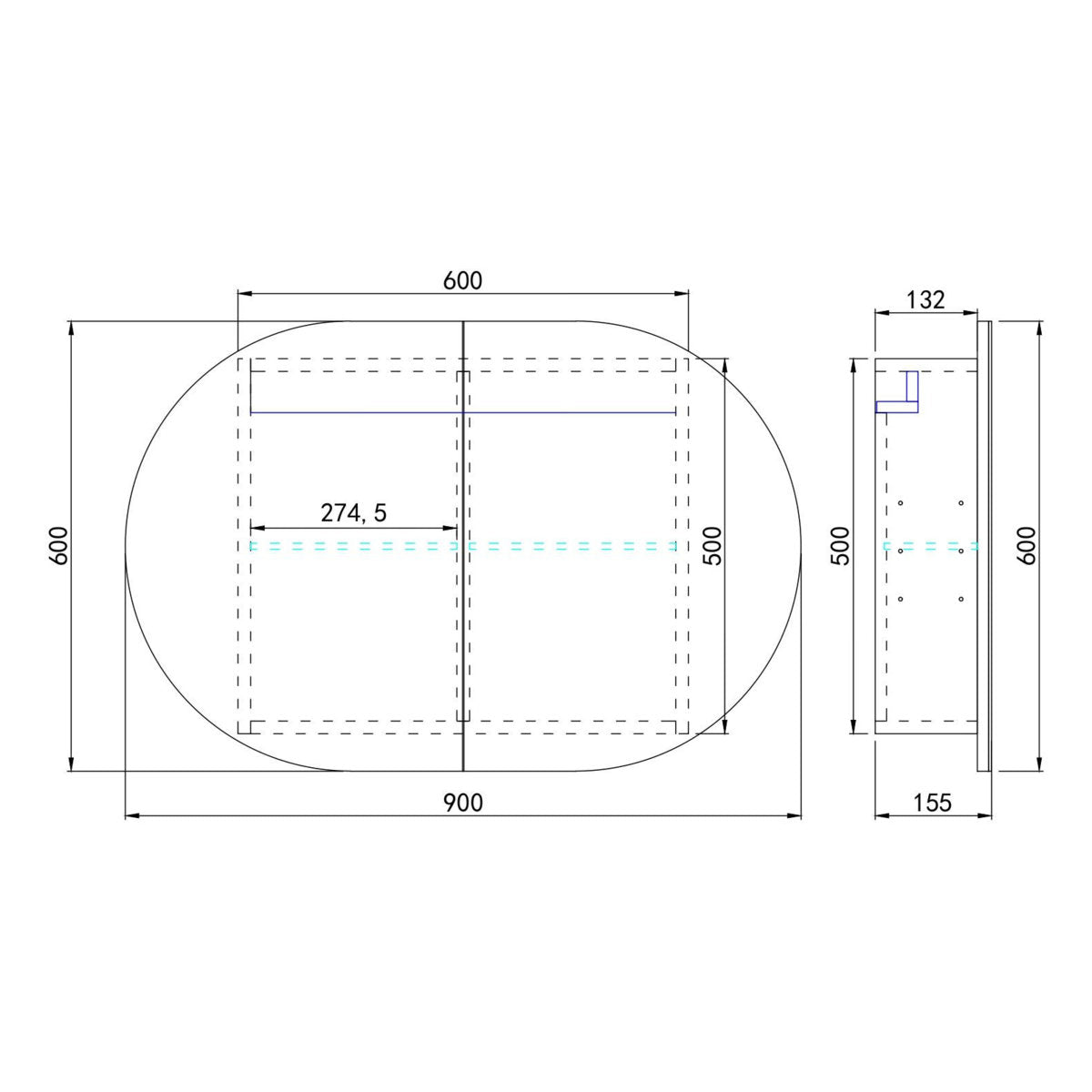Oval LED Shaving Cabinet, Matte White 900mm x 600mm