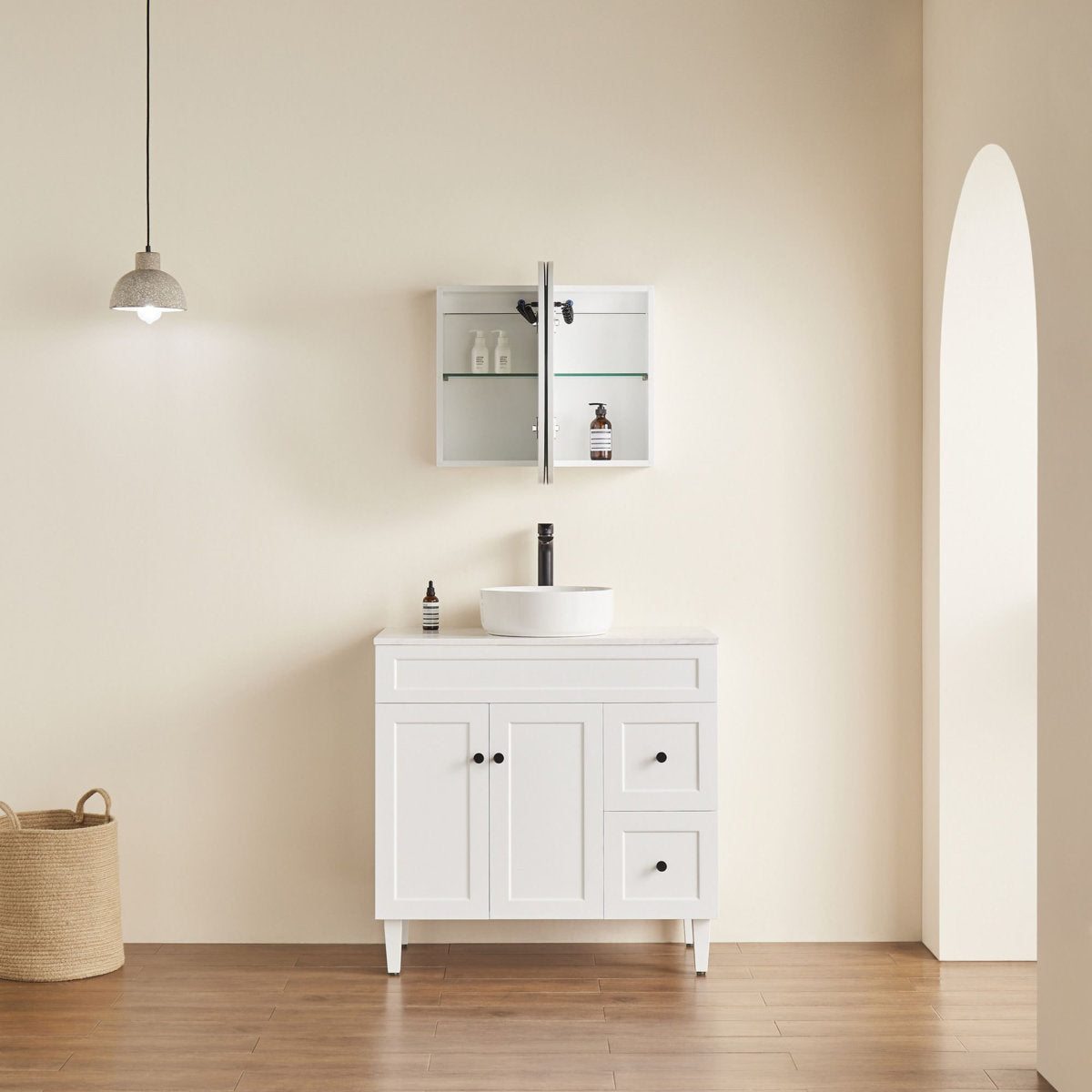 Oval LED Shaving Cabinet, Matte White 900mm x 600mm