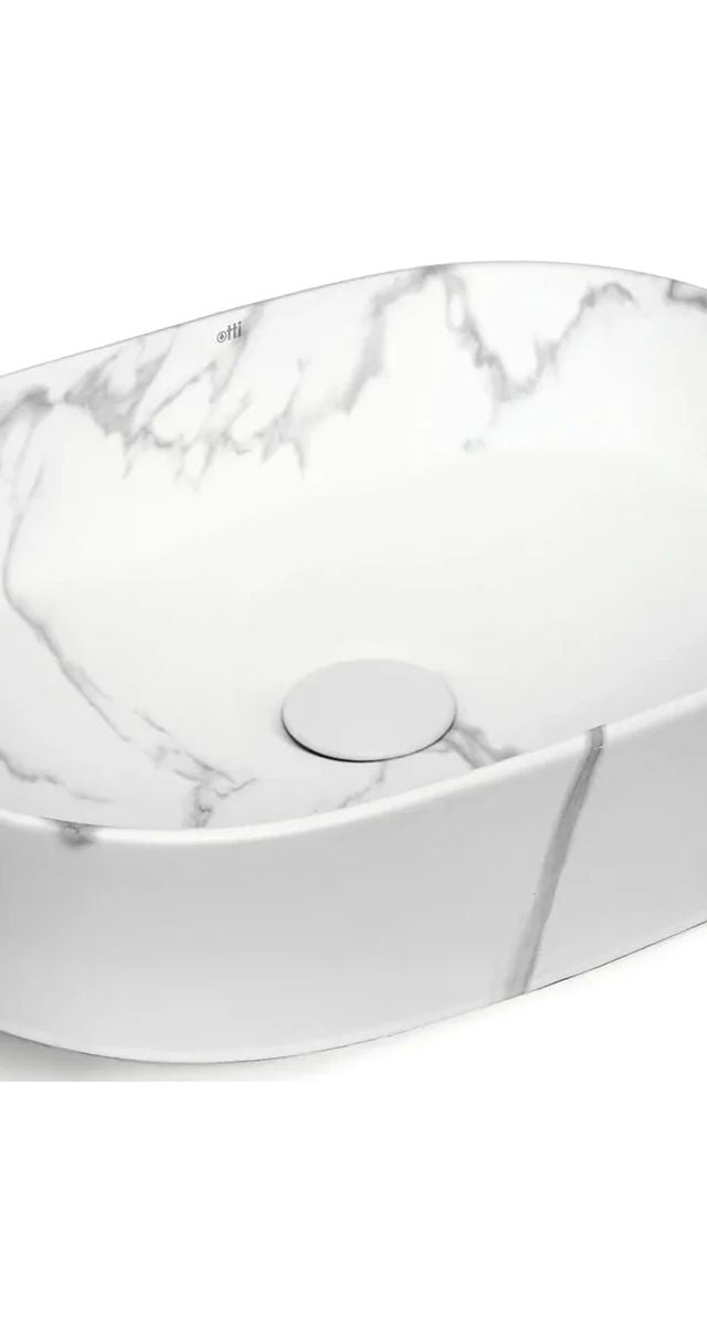 Otti Quay Oval Above Counter Basin 500x340x120, Gloss Carrara