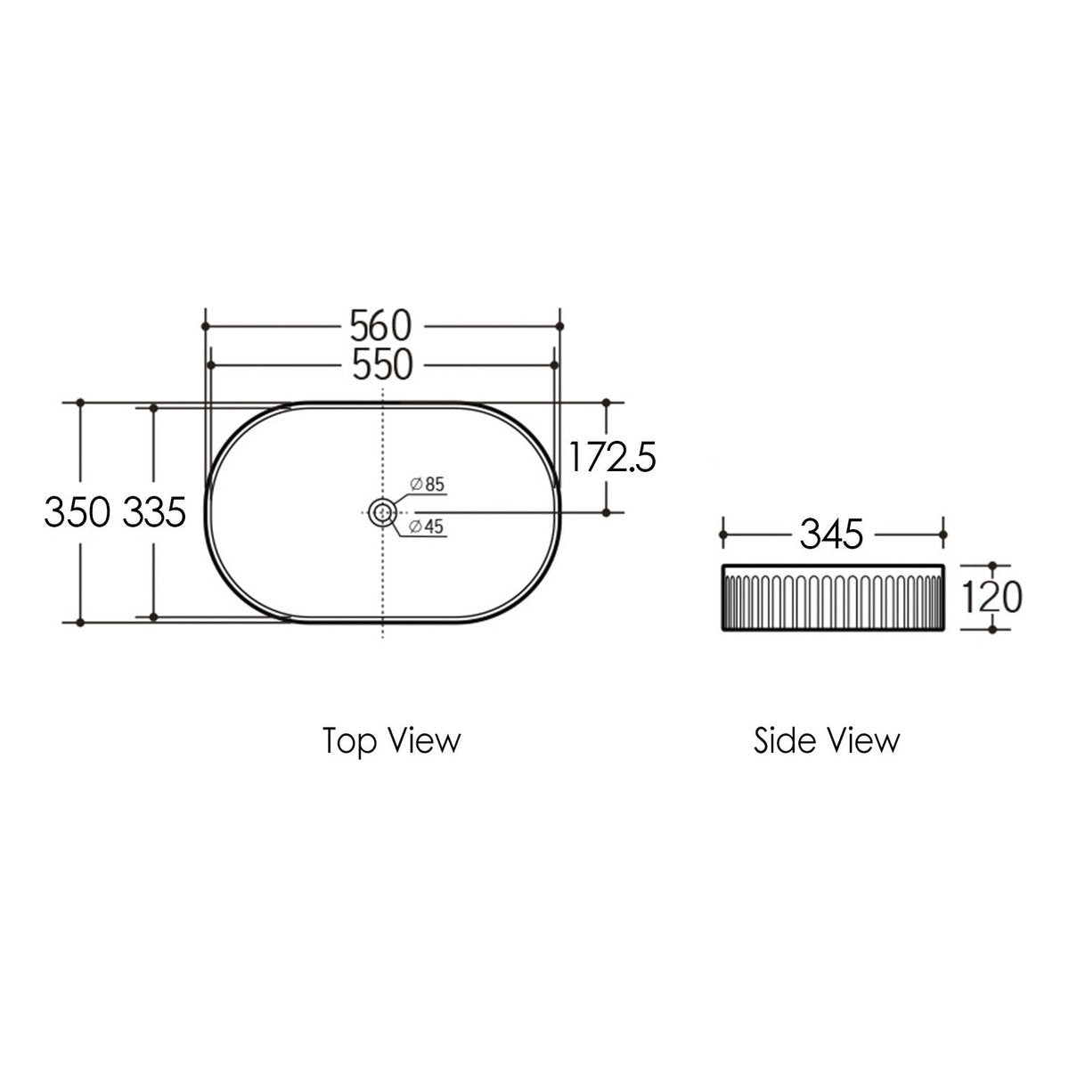 Otti Kensington Oval 560x350x120 Matte Black & Matte White Carrara Basin