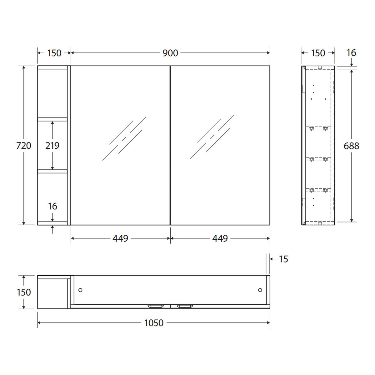 Fienza Pencil Edge 900 Mirror Cabinet, 1 Side Shelf