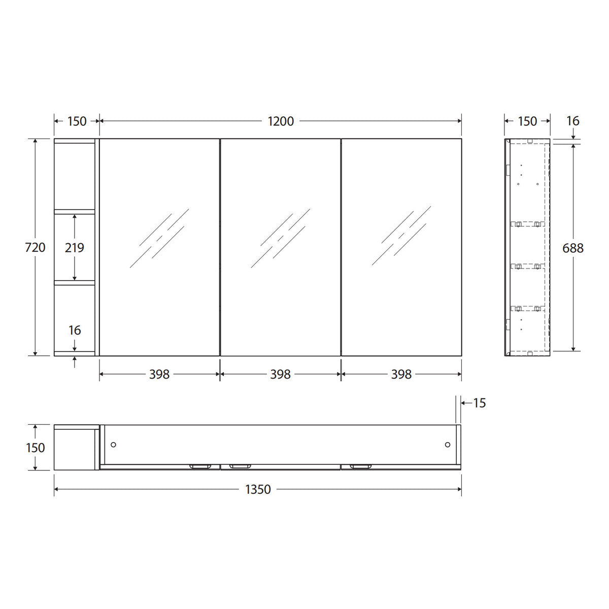 Fienza Pencil Edge 1200 Mirror Cabinet, 1 Side Shelf