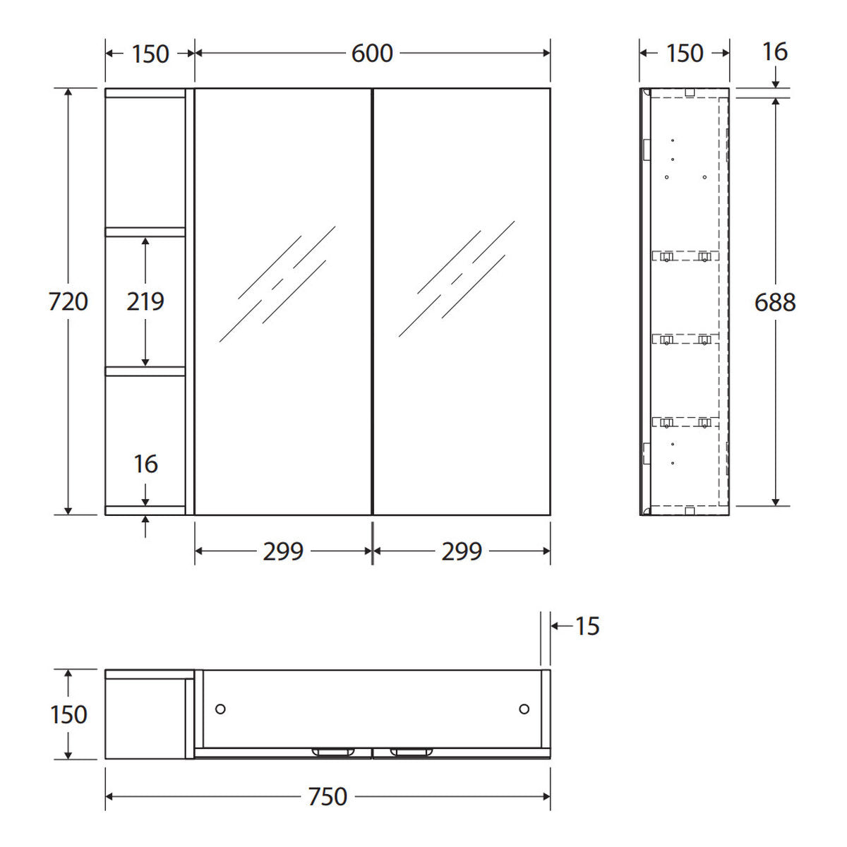 Fienza Pencil Edge 600 Mirror Cabinet, 1 Side Shelf