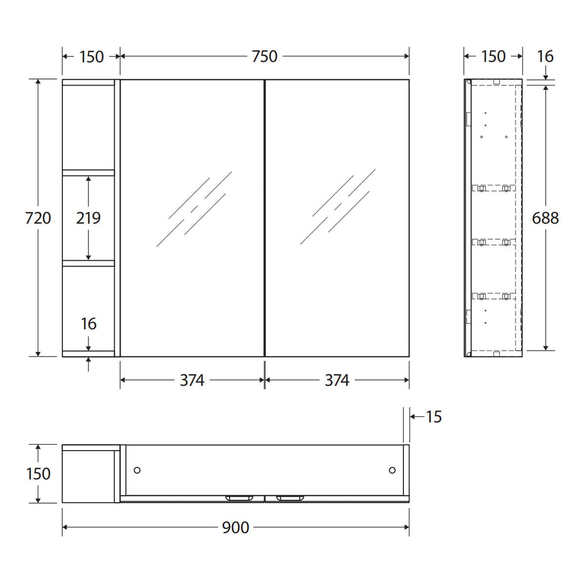 Fienza Pencil Edge 750 Mirror Cabinet, 1 Side Shelf