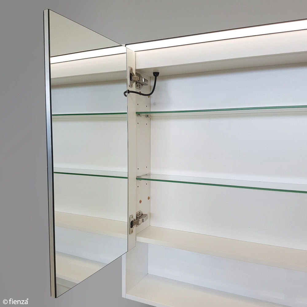Fienza 900 LED Mirror Cabinet with Display Shelf, Satin White
