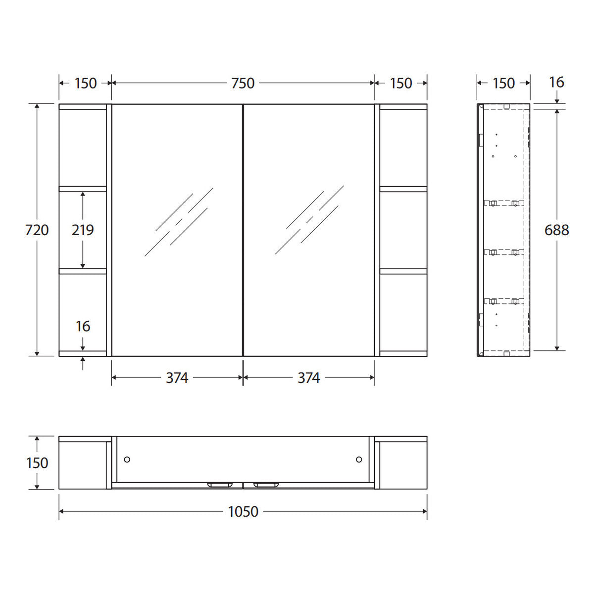 Fienza Pencil Edge 750 Mirror Cabinet, 2 Side Shelves