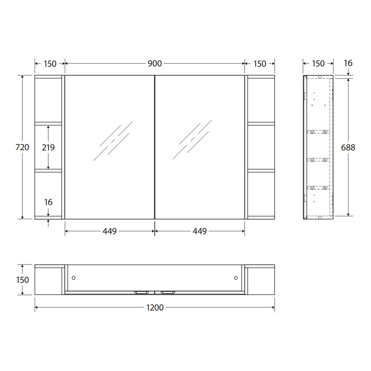 Fienza Pencil Edge 900 Mirror Cabinet, 2 Side Shelves