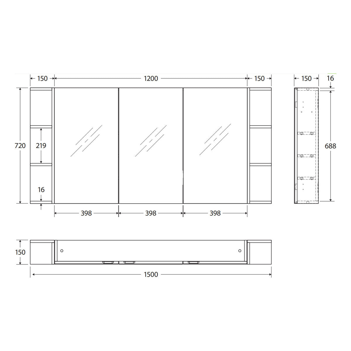 Fienza Pencil Edge 1200 Mirror Cabinet, 2 Side Shelves