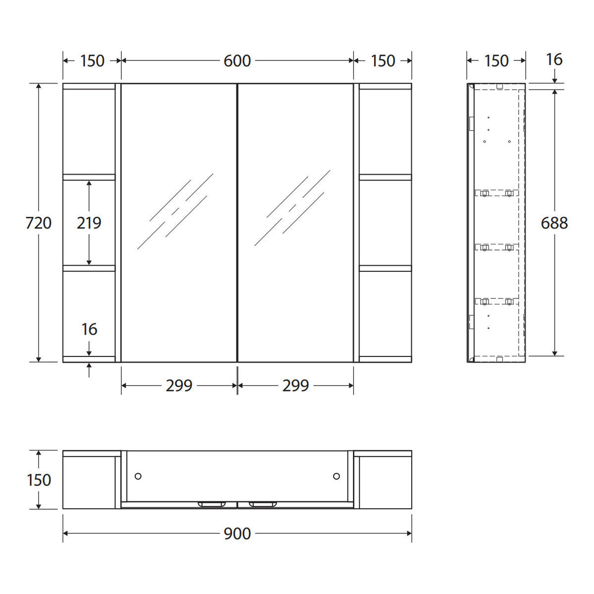 Fienza Pencil Edge 600 Mirror Cabinet, 2 Side Shelves