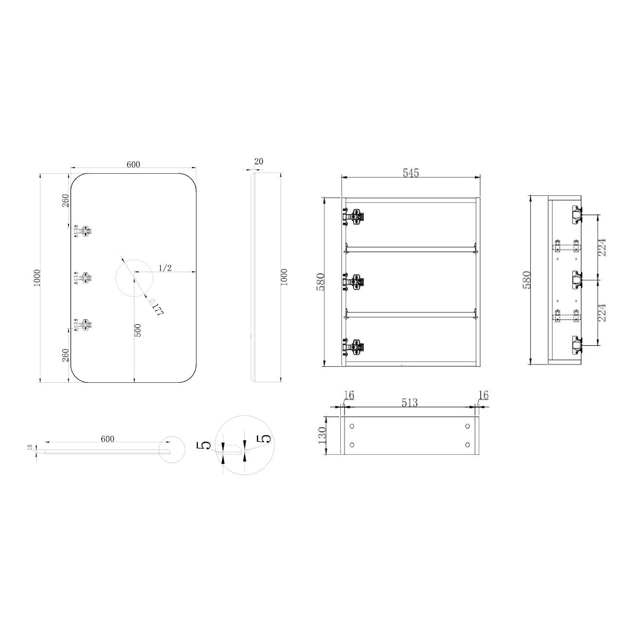 Rec 600X1000mm Shaving Cabinet - Matte White