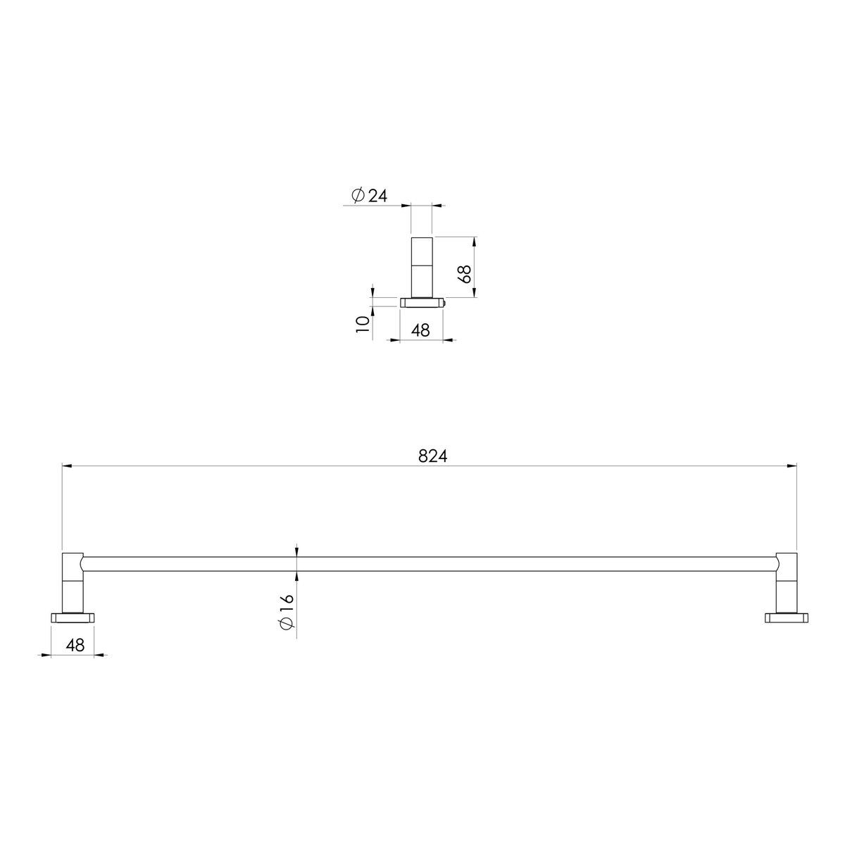 Phoenix Radii Stainless Steel 316 Single Towel Rail 800mm Square Plate