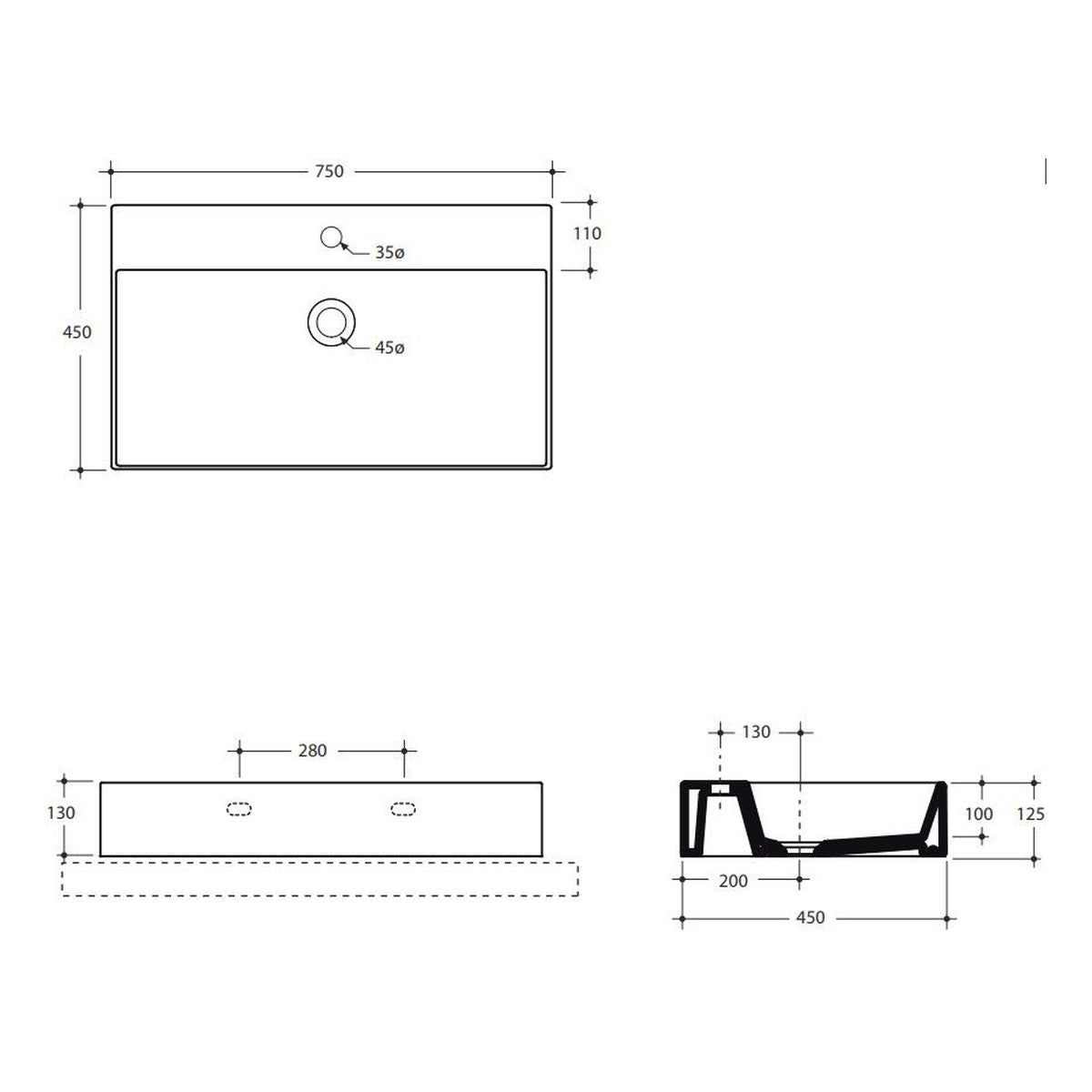 Studio Bagno Shard 75 Bench/Wall Basin - No Taphole
