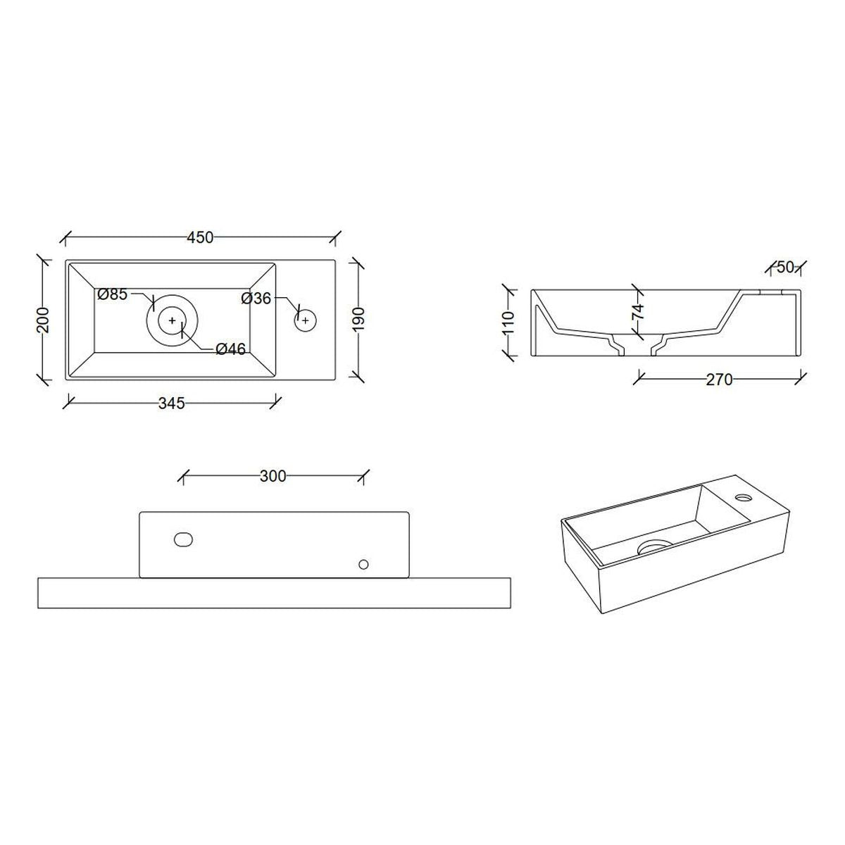 Studio Bagno Spy 45 Bench/Wall Basin - 1 Taphole